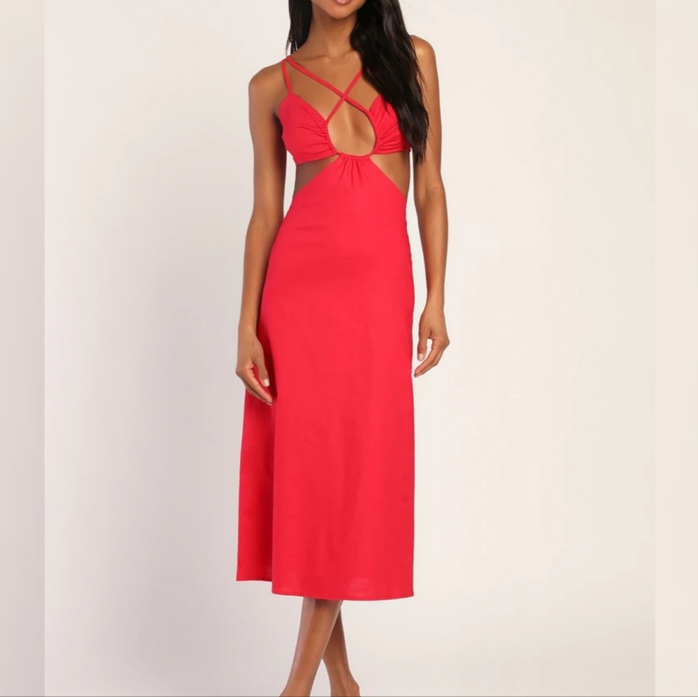 Sultry Standard Red Strappy Cutout Backless Midi Dress- $58